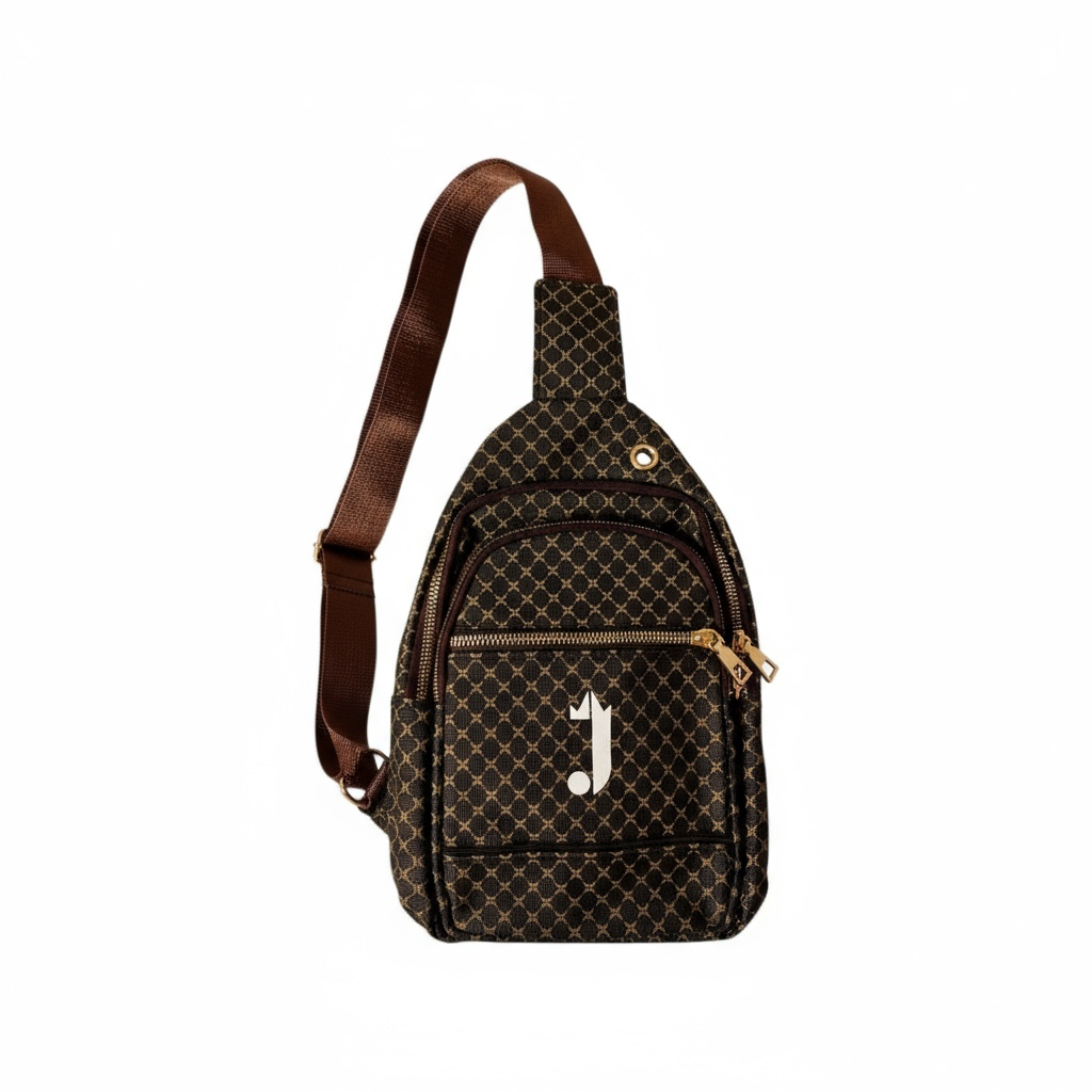 J King of R&B Crossbody Sling PU Leather Bag (Dark Brown & Gold)